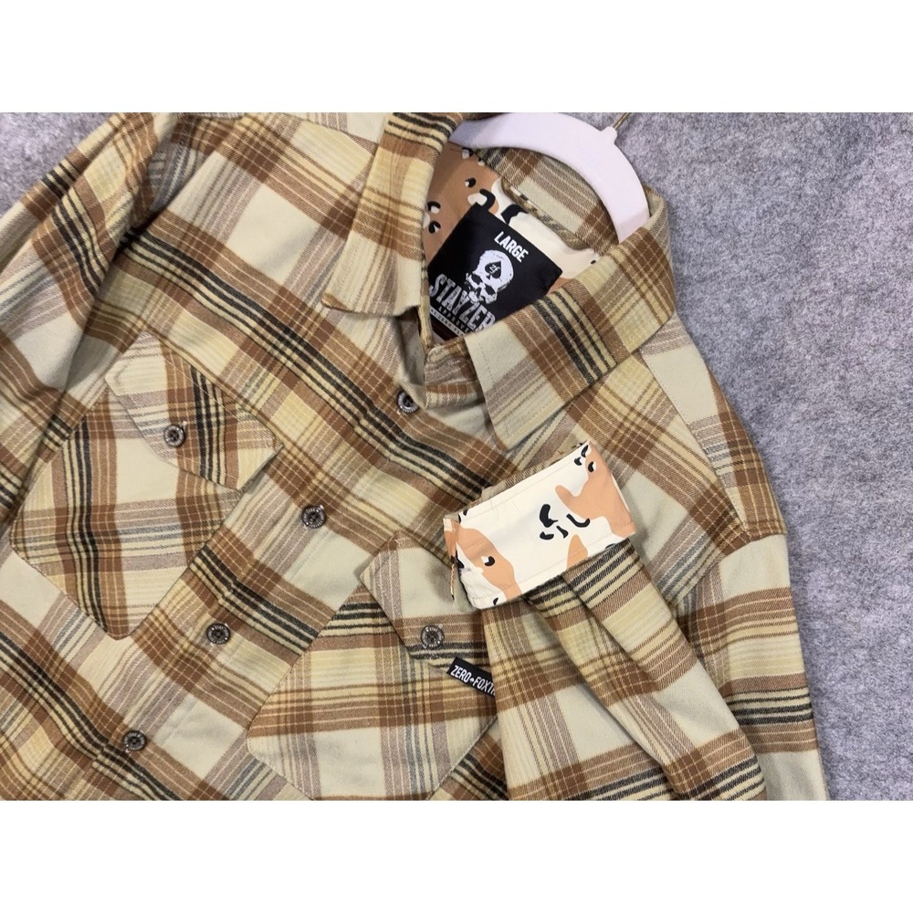 Zero Foxtrot Zero Flannel Shirt Mens Sz L Brown Plaid Pockets Camo Flip Cuff